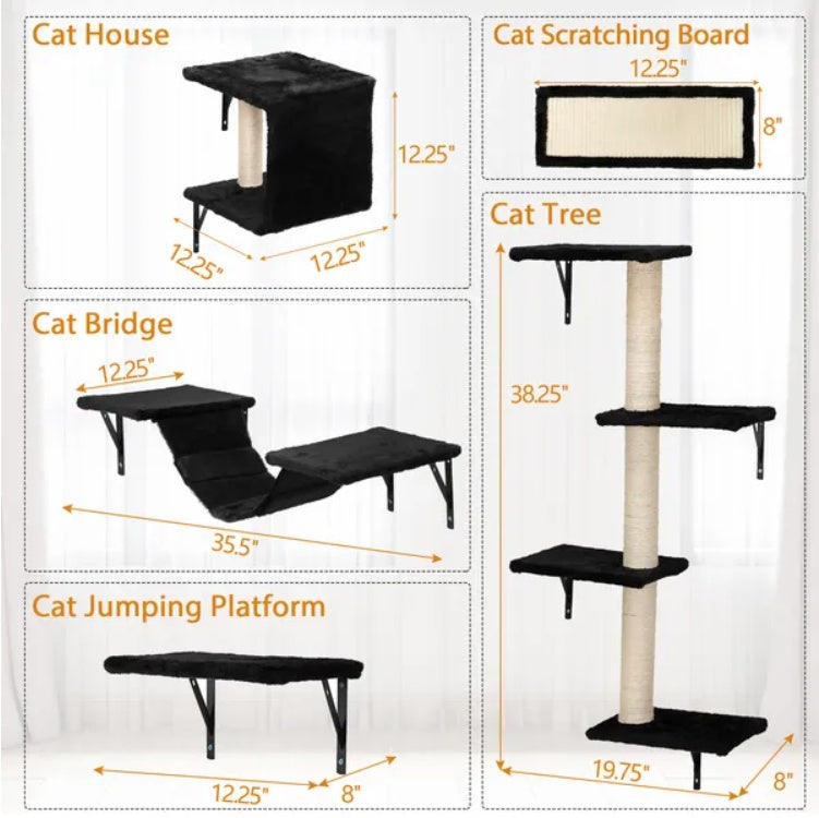 5 Pcs Wall Mounted Cat Climber Set - Floating Cat Shelves And Perches